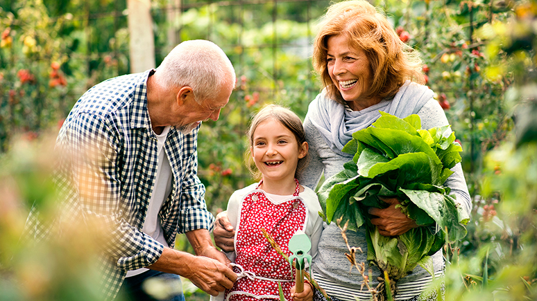 a family surrounded by greenery