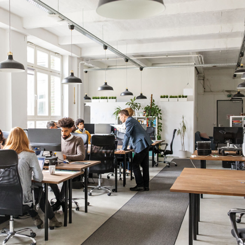 Male and female professionals working at their desks in modern office space
