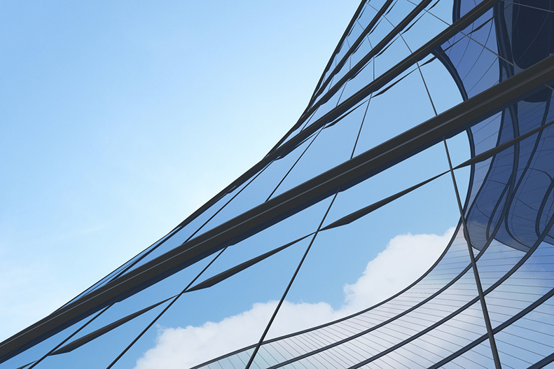 Low angle view of futuristic architecture, Skyscraper of office building with curve glass window, 3D rendering.