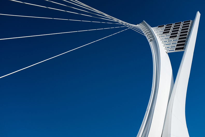 Low angle shot of the structural pennon and cables of the Ennio Flaiano bridge in Pescara, Abruzzo, Italy