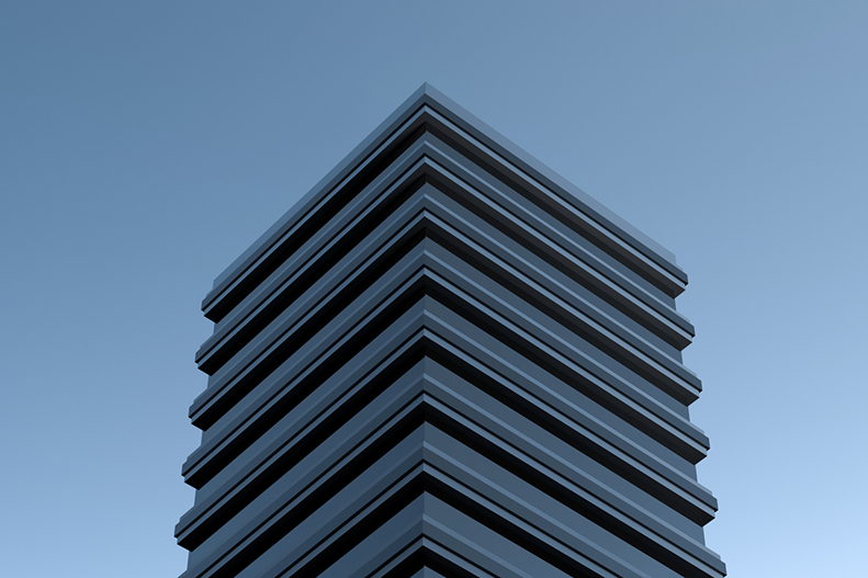 Modern house, a high-rise in the evening on the skyline. Tall modern building,urban office,wallpaper. 3D render