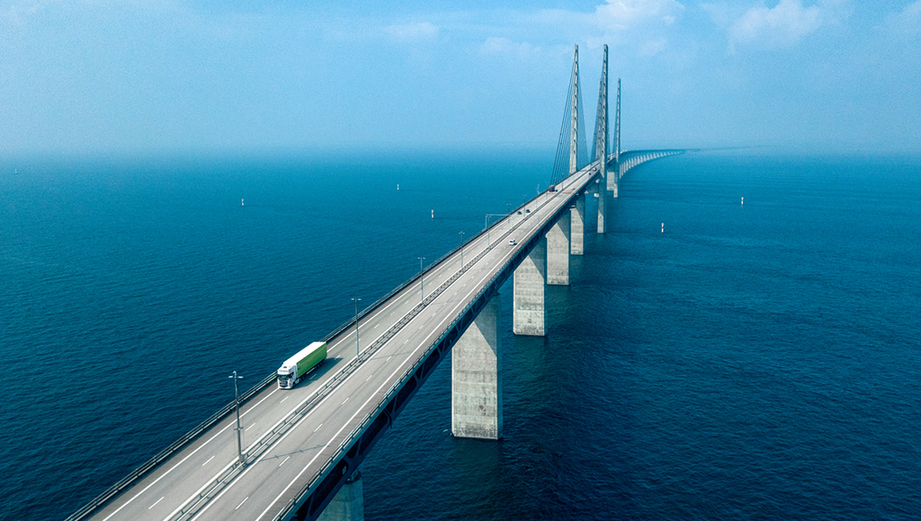 Aerial View of a Semi-Truck Crossing Oresund Bridge