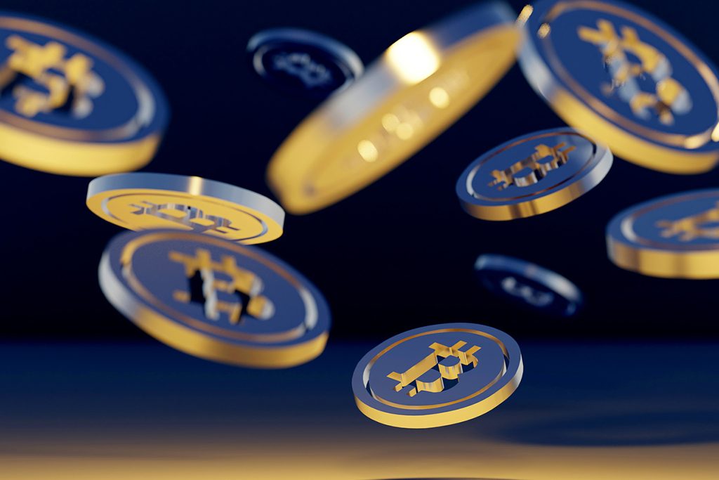 falling gold bitcoins icons. 3d render cryptocurrency 