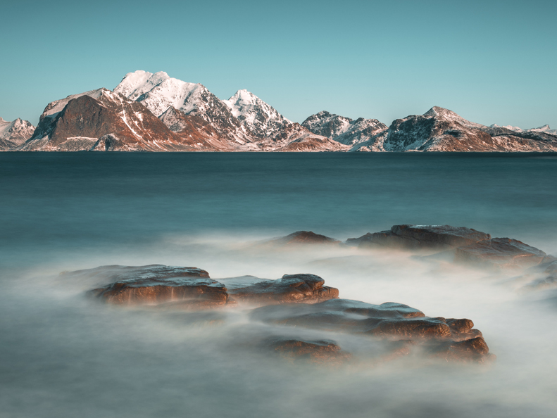 mountains, sea, mist