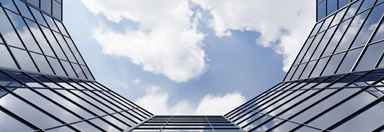 Antseye view of a glass office building